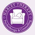 Logo reads Harley Therapy Psychotherapy and Counselling London with Psychotherapists and Counsellors chair